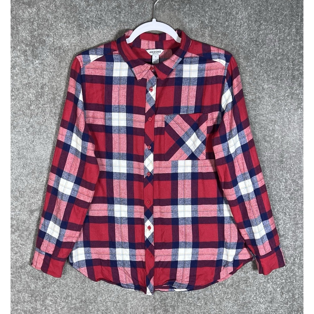 Arizona Jean Co Flannel Button Up Top Womens Size Medium Red Blue Plaid Pocket